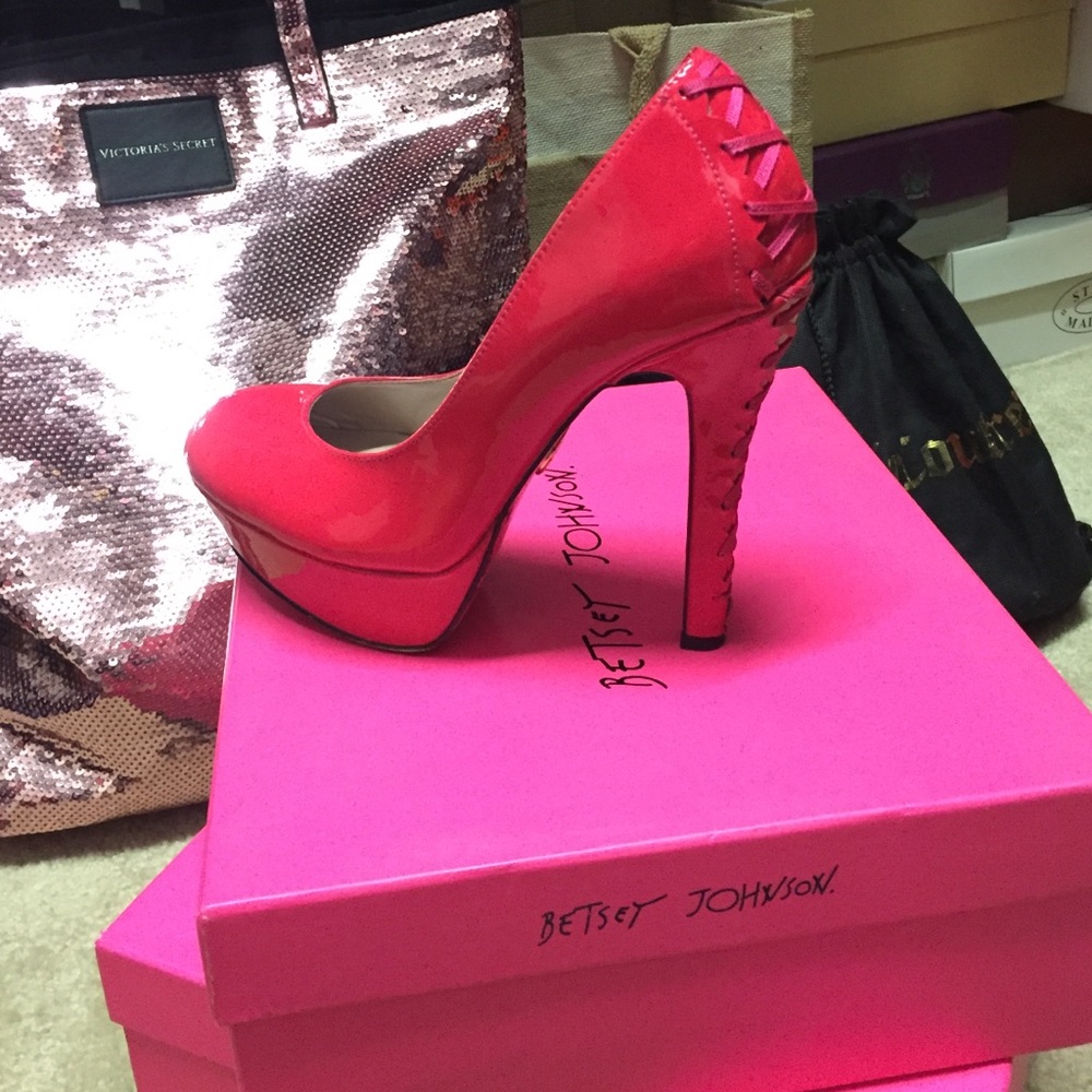 Betsy Johnson Ditan Corset Heels in Neon Pink 7.5