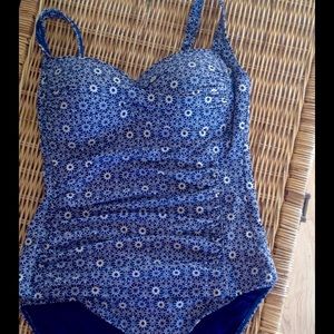 Pretty Gold & Navy Metallic Flowered Tankini Sz 8