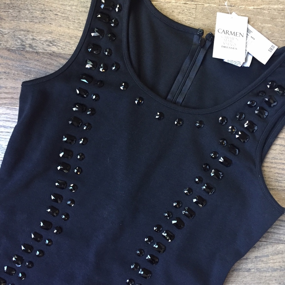Carmen Marc Valvo Black Adorned Sheath Dress