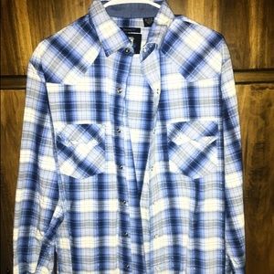Size large blue plaid button down shirt
