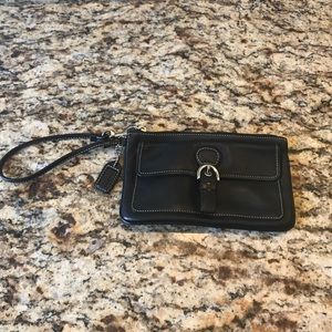 Black leather coach wristlet with buckle