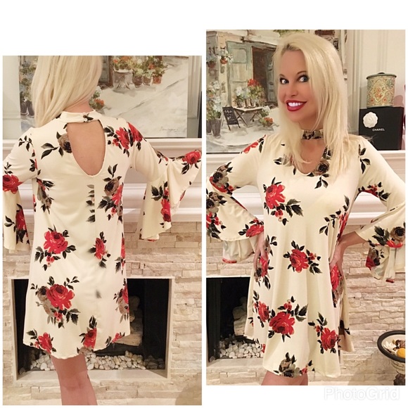 Ivory bell sleeve floral cut out dress! LAST 1! - Picture 3 of 3