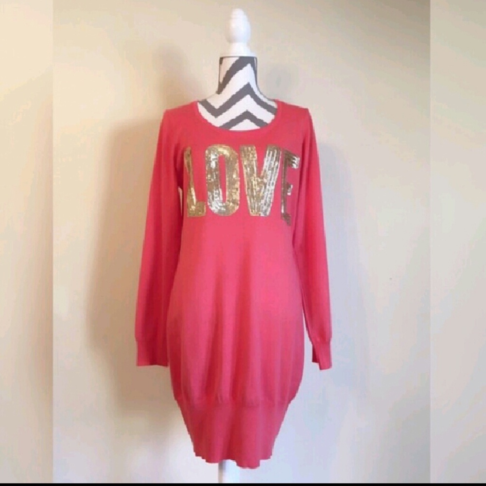 "LOVE" Gold Sequined Sweater Dress