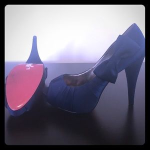 Never worn! Blue satin, red sole platform heels