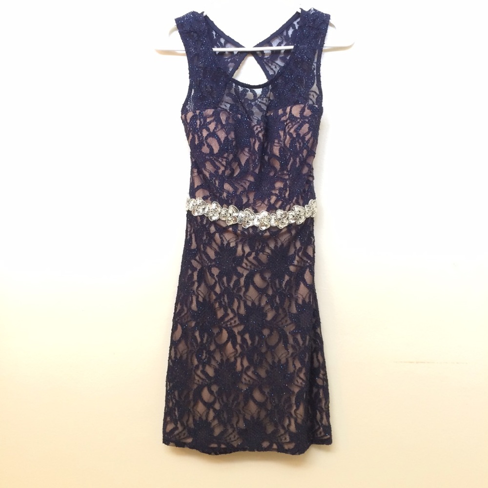 Dark blue lace open back dress