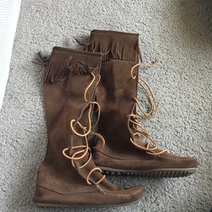 Minnetonka Fringe Lace Up Knee High Boots