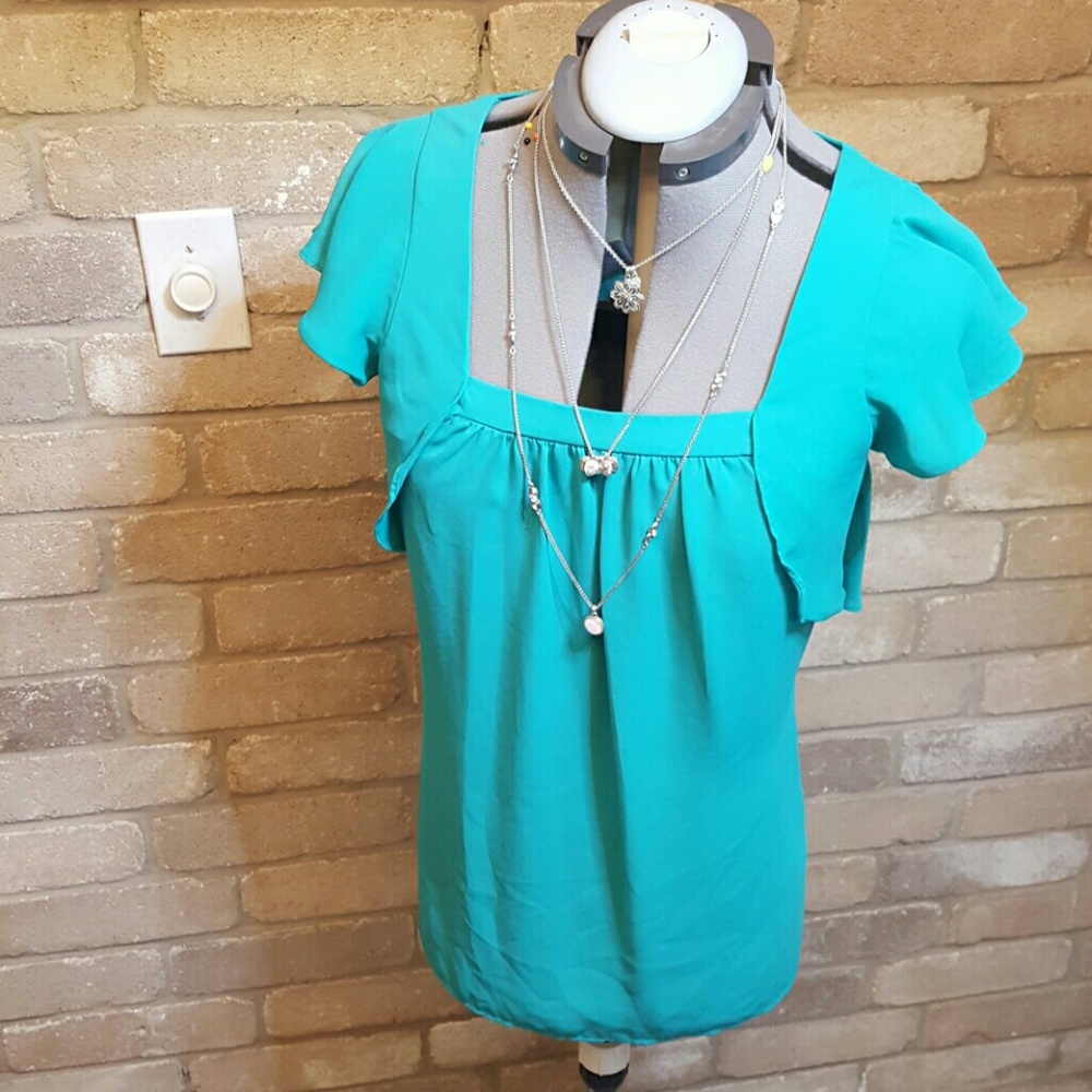 Anthropologie teal flutter-sleeve blouse