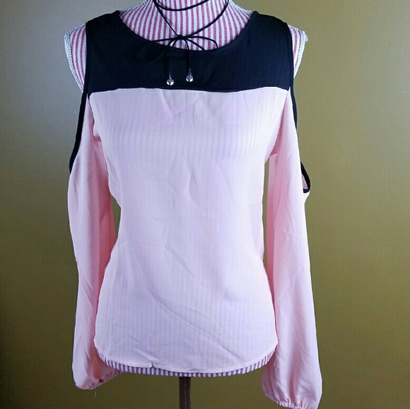 LAST ONE! Blush and Black Cold Shoulder Blouse - Picture 2 of 3
