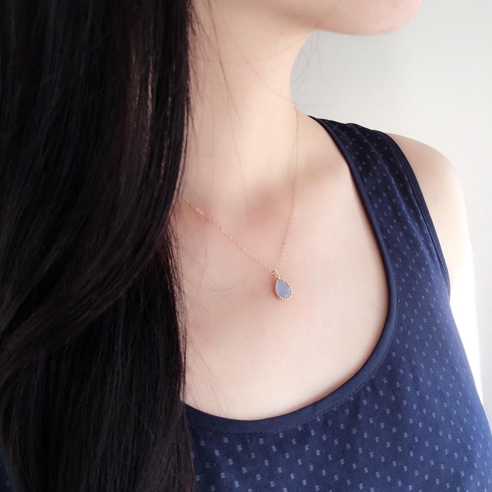 Ice blue glass gemstone teardrop gold necklace