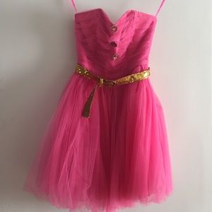 Betsey Johnson pink dress with gold belt