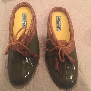 Olive colored Sperry shoes