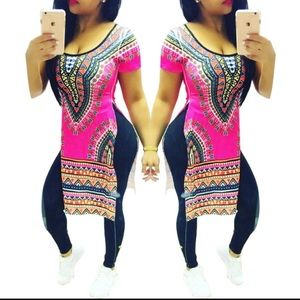 African print high split dashiki long shirt