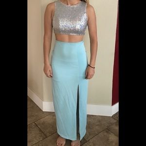 Baby Blue Sequin Connected Two Piece Prom Dress