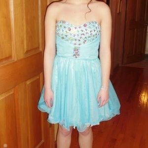 Blue Homecoming Dress with Jeweled Neckline