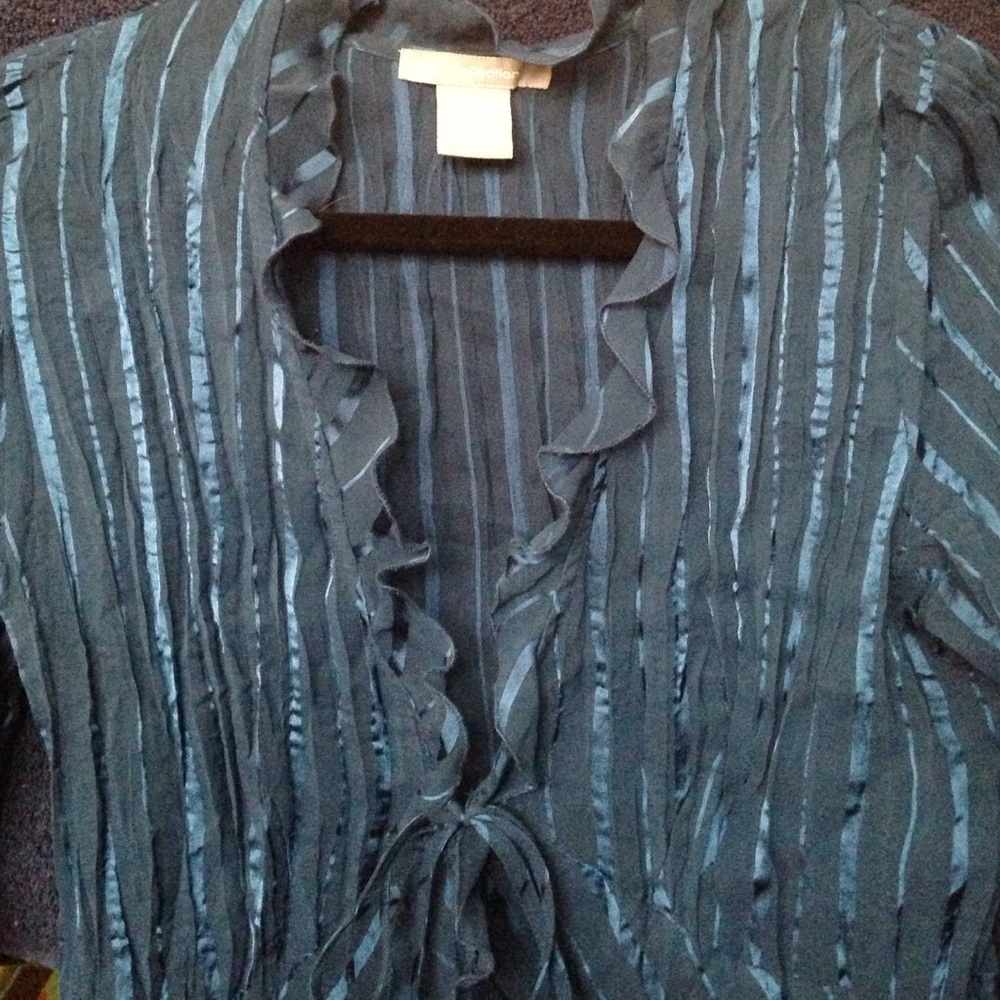 Sheer striped and ruffled blue blouse