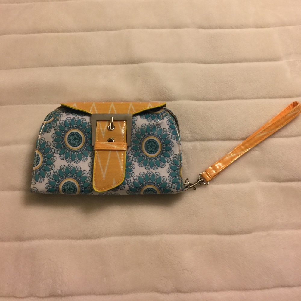 Teal and yellow in a pikle wristlet