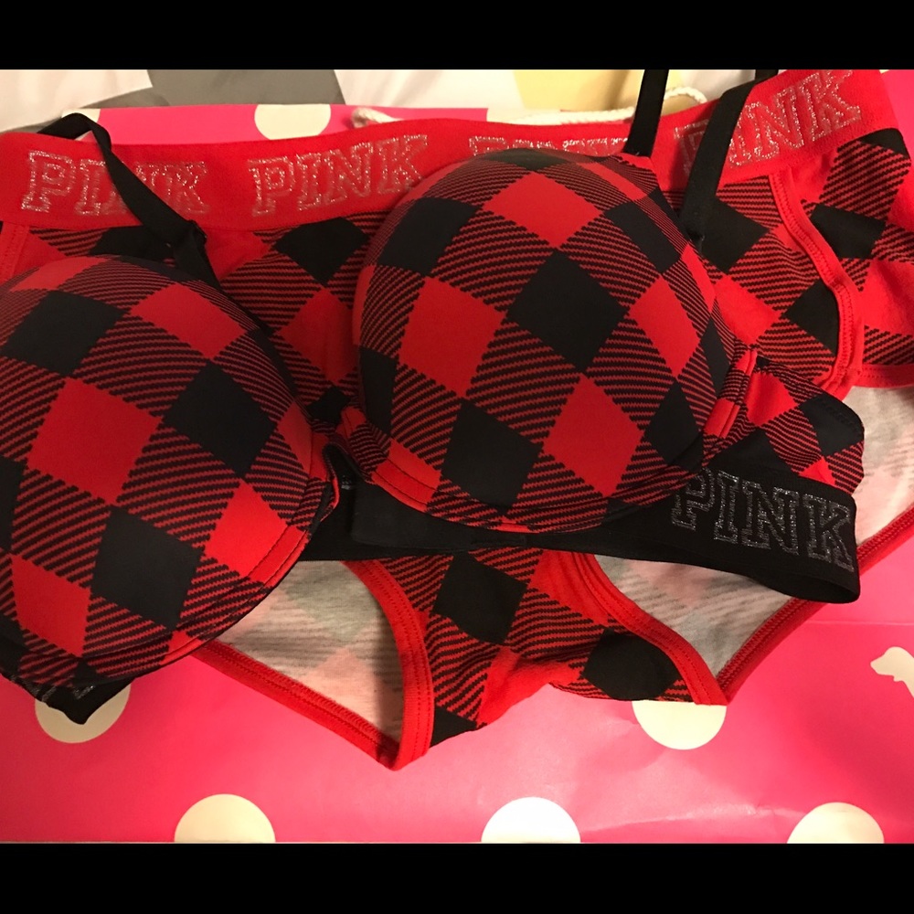 PINK plaid Push Up Bra 36C and Size L boy short.