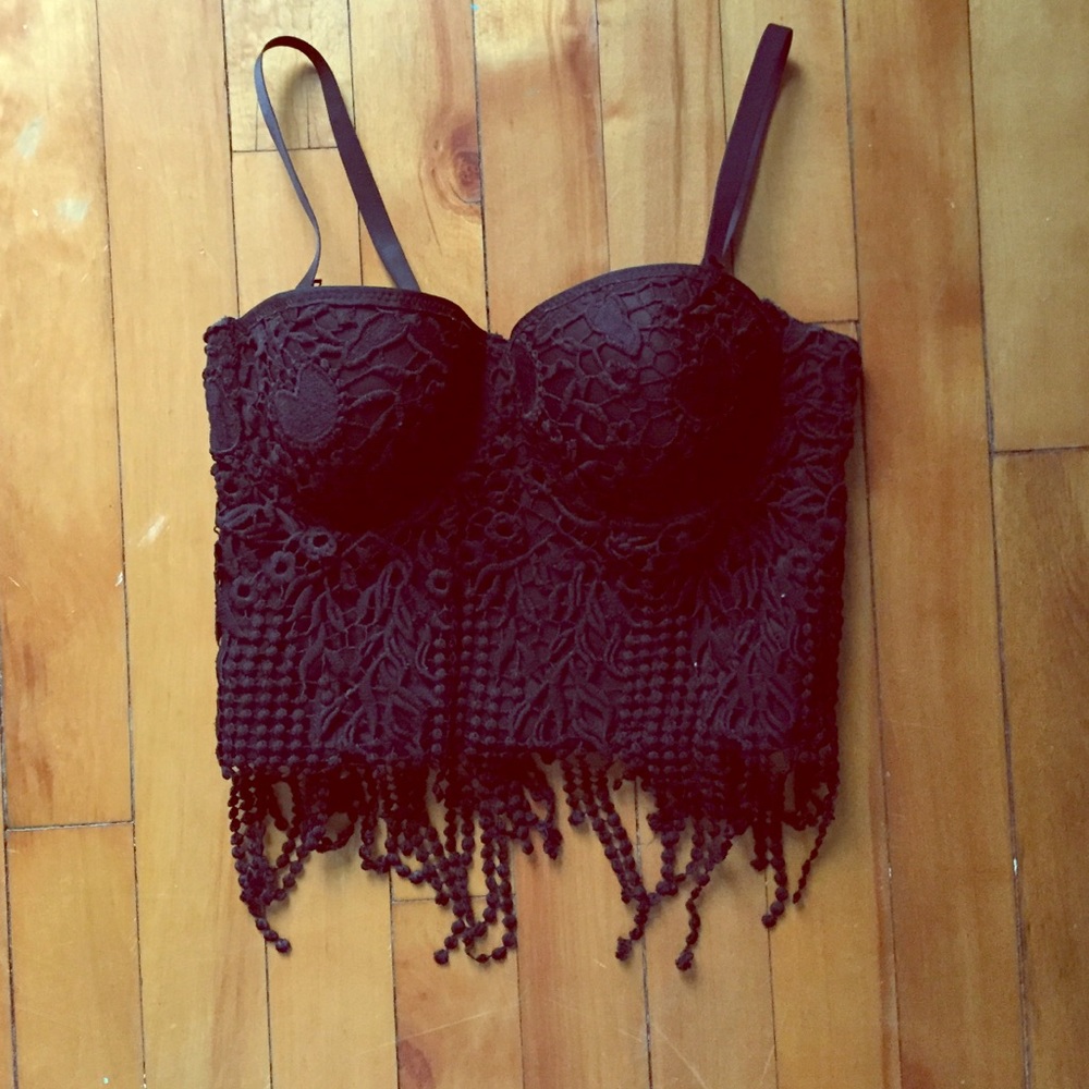 Black Lace Bustier Crop Top with Fringe Detail
