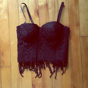 Black Lace Bustier Crop Top with Fringe Detail