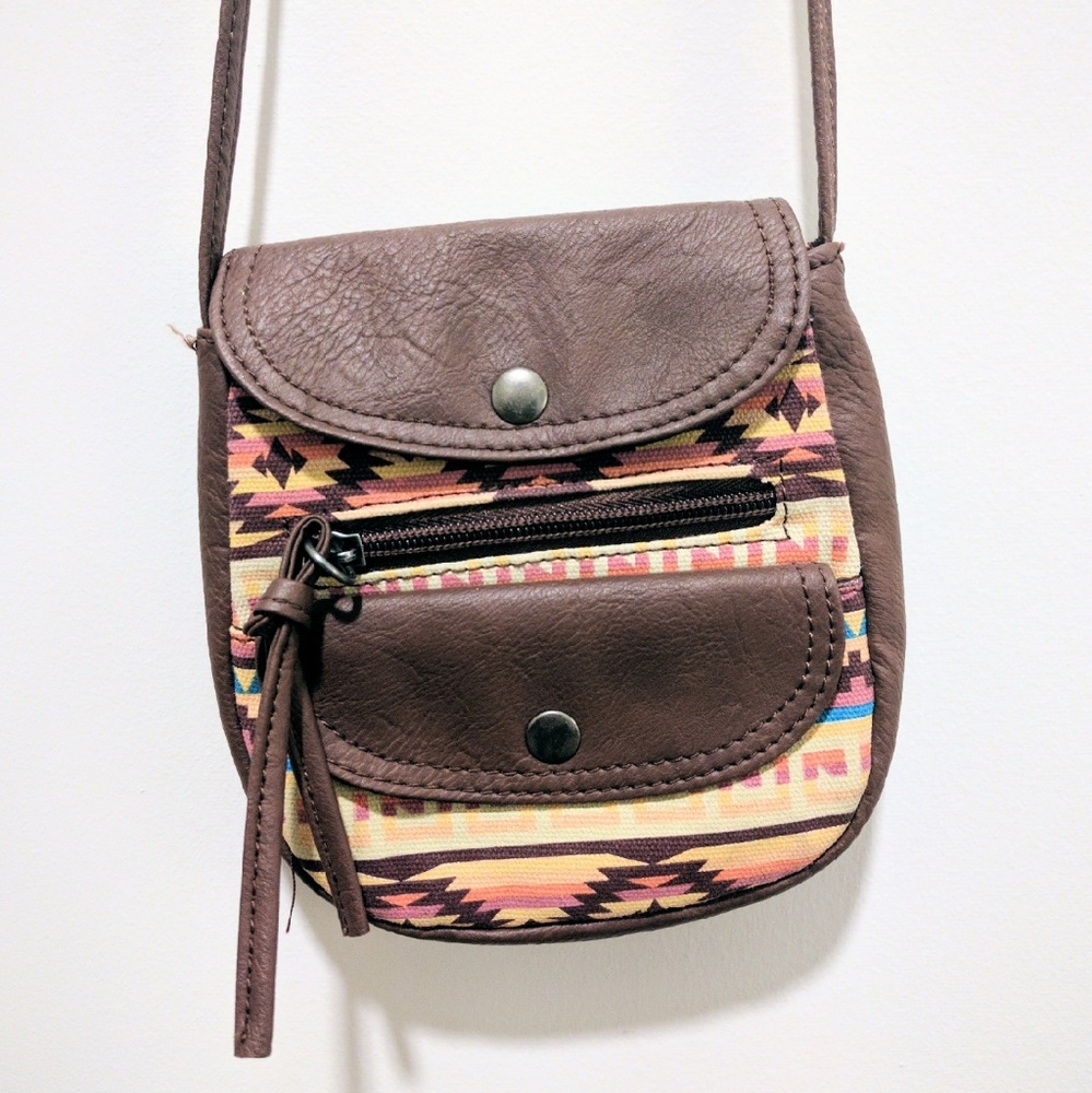 Cross-body Aztec/Brown Faux Leather Mini Handbag