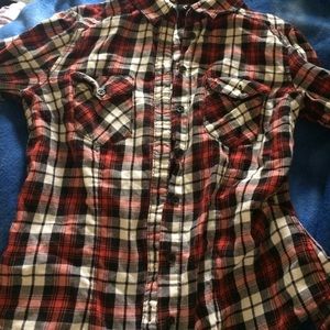 Red black and white button-down shirt