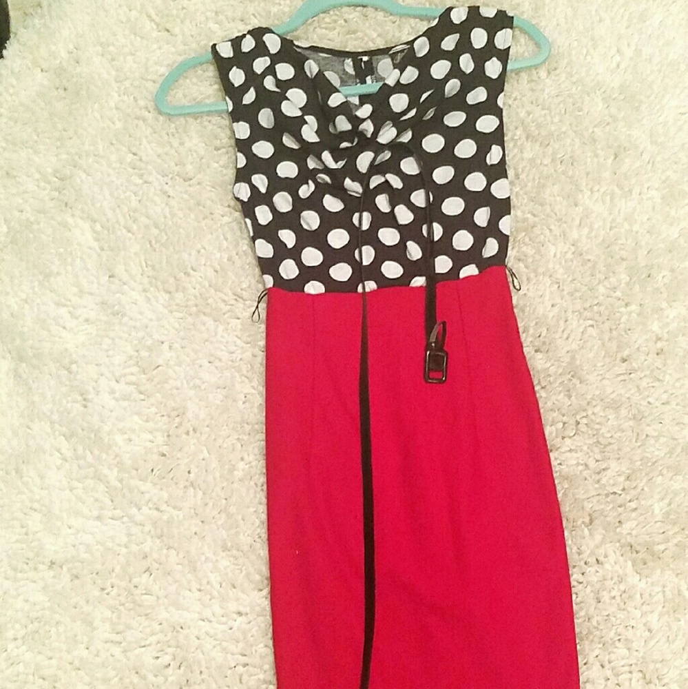 Red pencil dress with cowl neck polka dot top