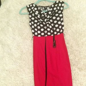 Red pencil dress with cowl neck polka dot top