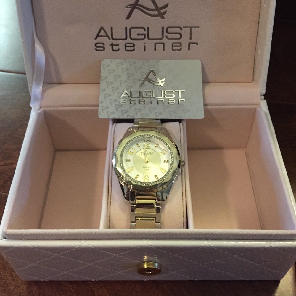 Diamond dial Silver, gold and quartz watch