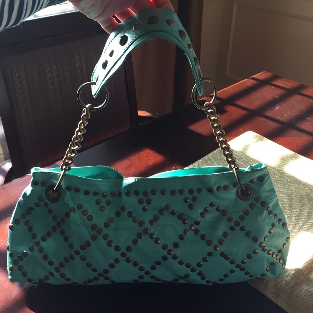 Turquoise shoulder bag w/antiqued gold hardware