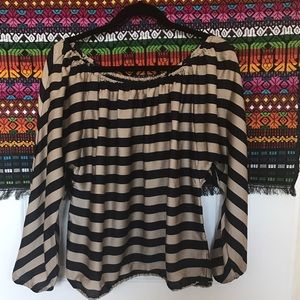 Tan and Black Three Quarter Sleeve Blouse