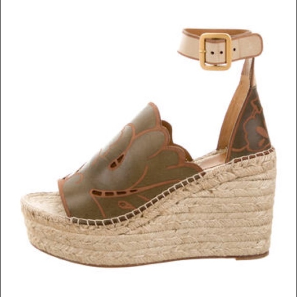 Chloe Leather Engraved Espadrille Wedges