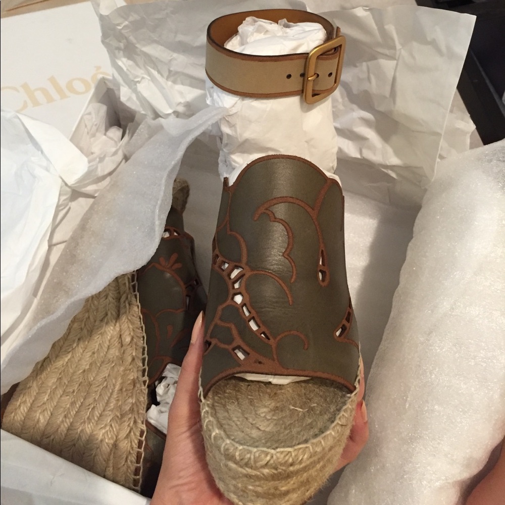 Chloe Leather Engraved Espadrille Wedges - Picture 3 of 4