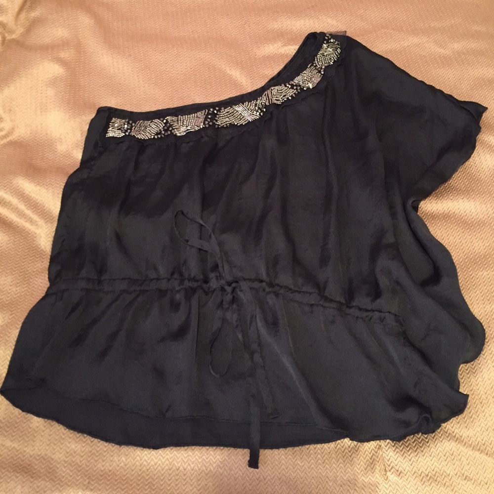 Silk-like one shoulder beaded black top