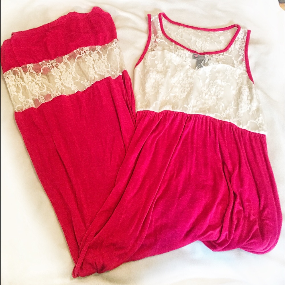 Red & White Lace Maxi Dress