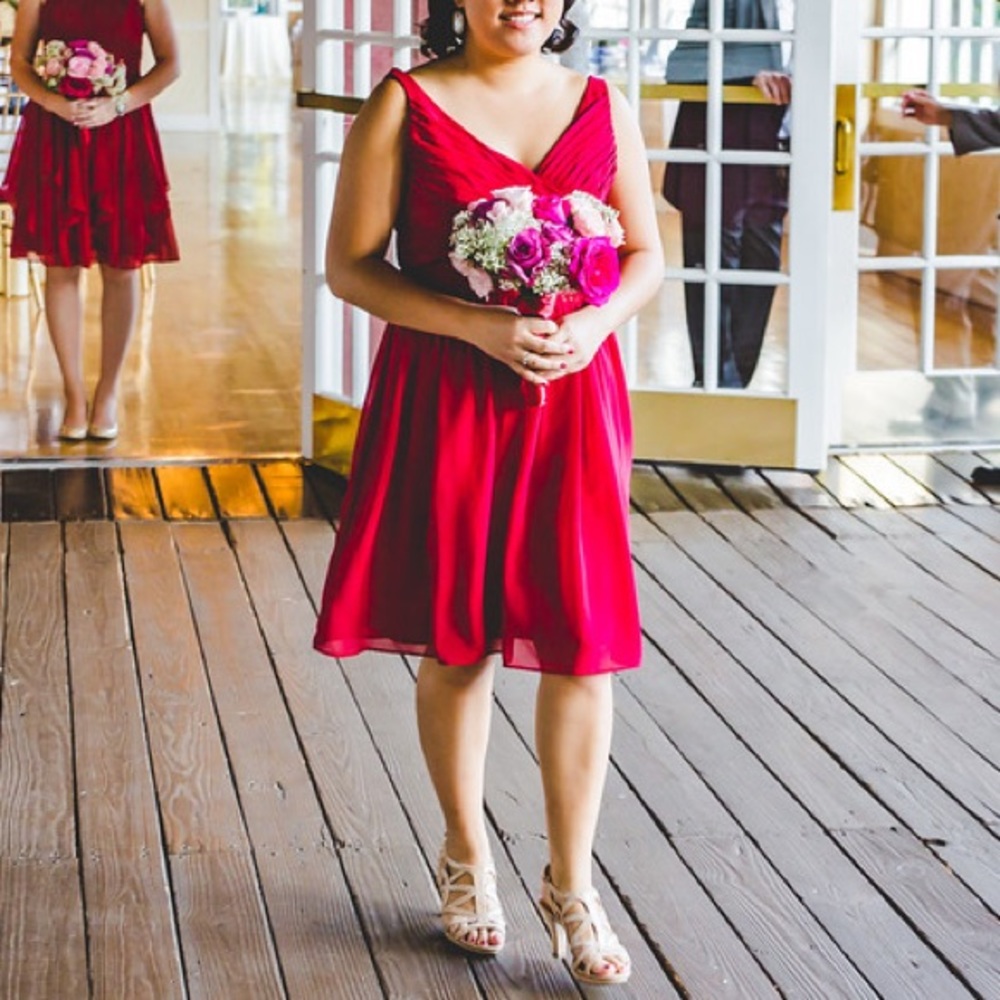 David's Bridal Apple Red Chiffon Dress