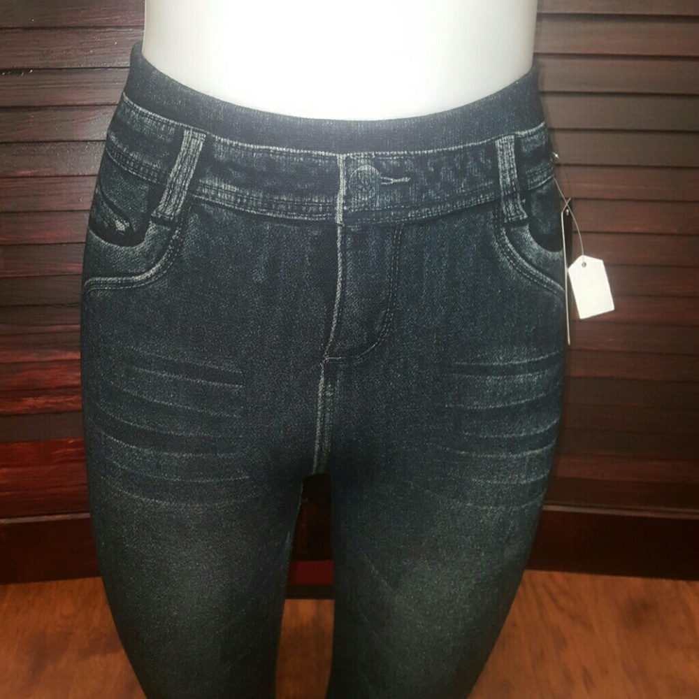 Black colored Jean looking lined Jeggings - Picture 2 of 4