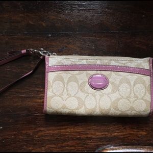 COACH Signature Light Pink & Brown Wristlet