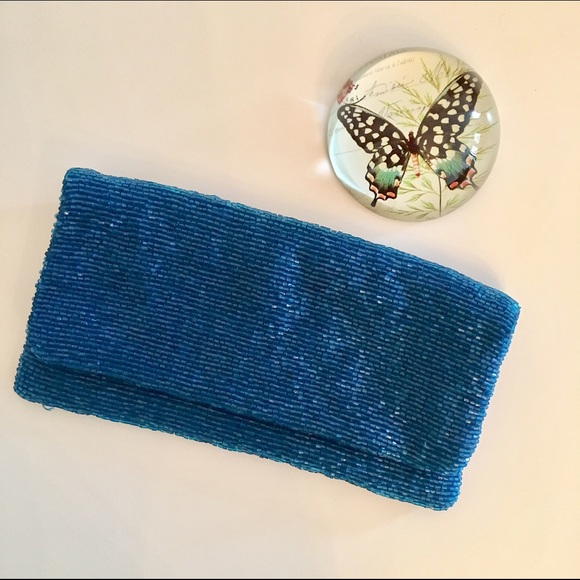 Anthropologie Handbags - ✨Beaded Anthro Blue Fold Over Clutch Bag✨