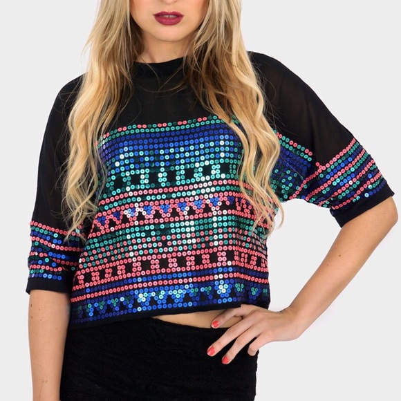 SEQUIN MESH PANEL CROP TOP - Picture 3 of 4