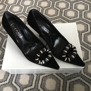 Casadei velvet wedged heel with rhinestone broach