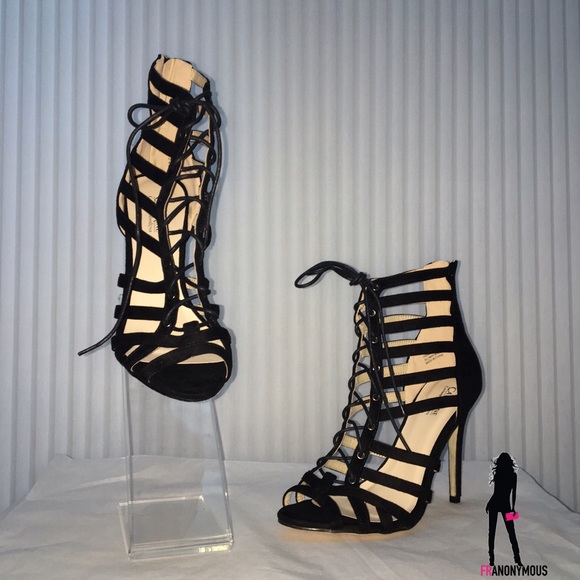 Black Suede Strappy Heels 8 8 1/2 - Picture 2 of 4