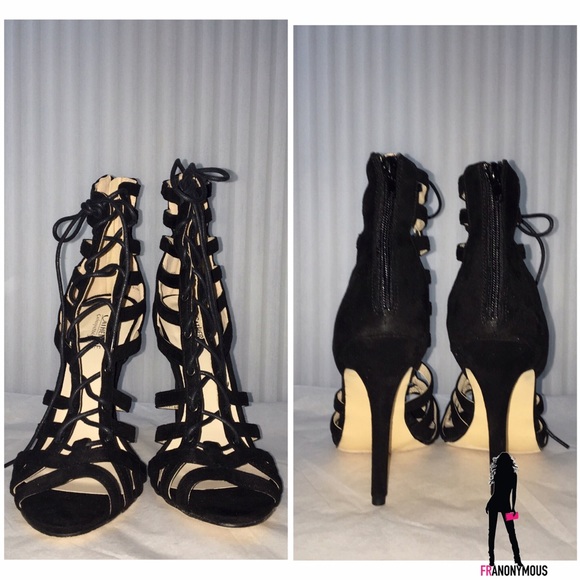 Black Suede Strappy Heels 8 8 1/2 - Picture 3 of 4