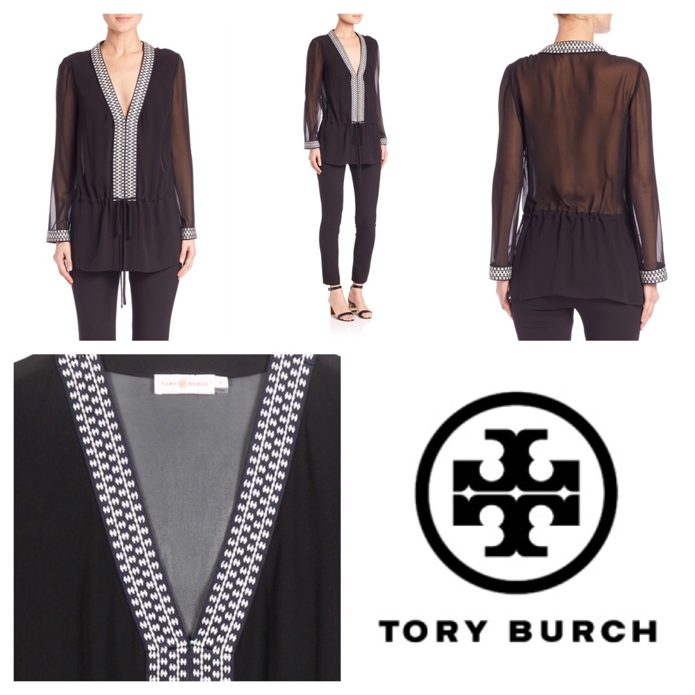 Tory Butch Black Chiffon Deep V Drawstring Tunic
