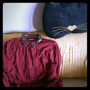 Plaid Sequin Peter Pan Collar Blouse