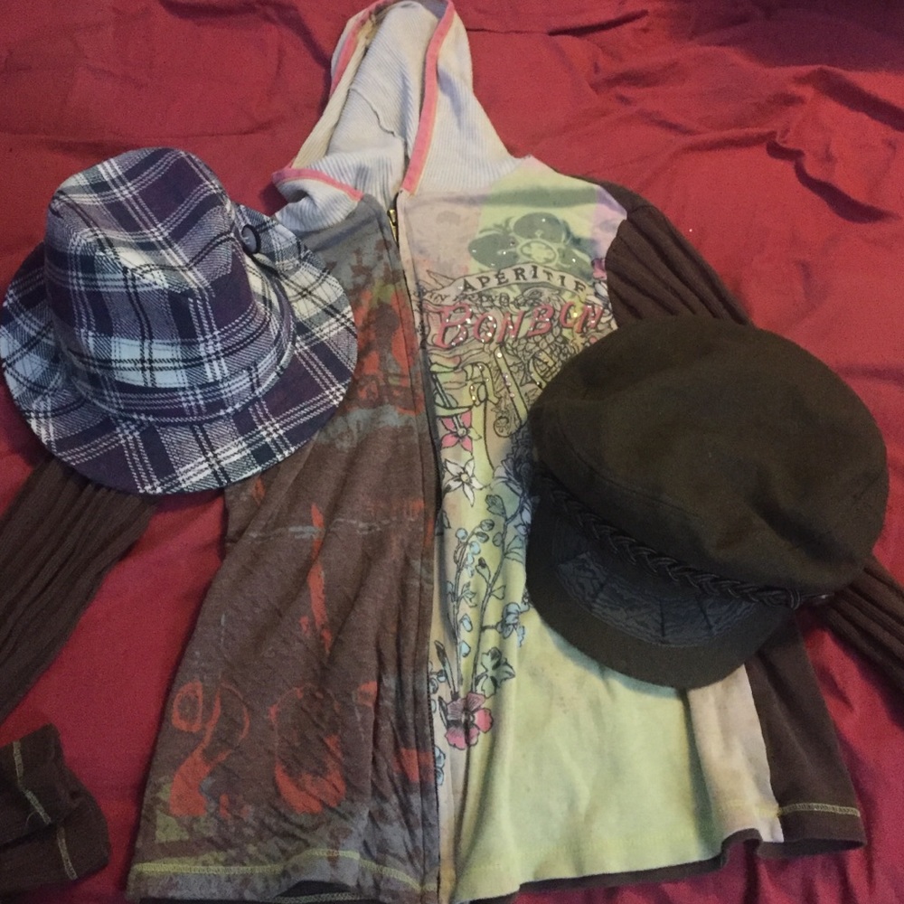 Bundle of plaid fadora army green hat and hoodie