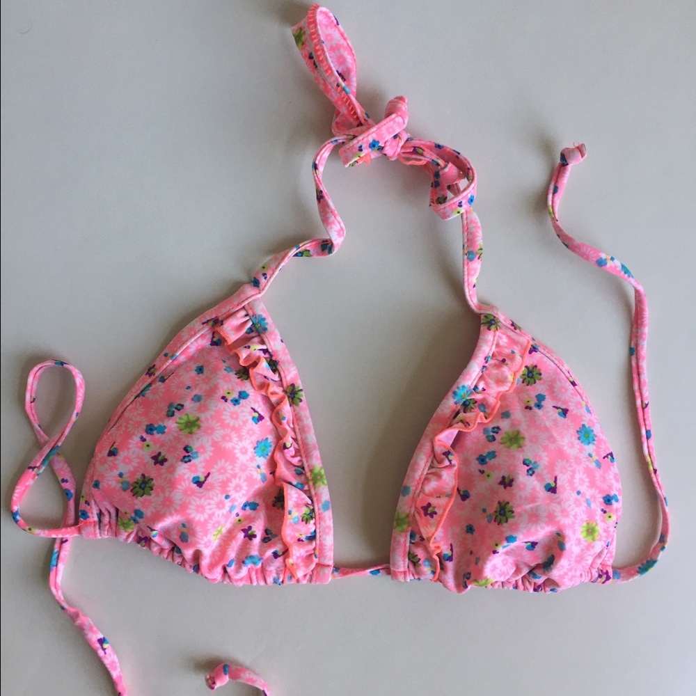 Pink ruffled pattern string bikini triangle top
