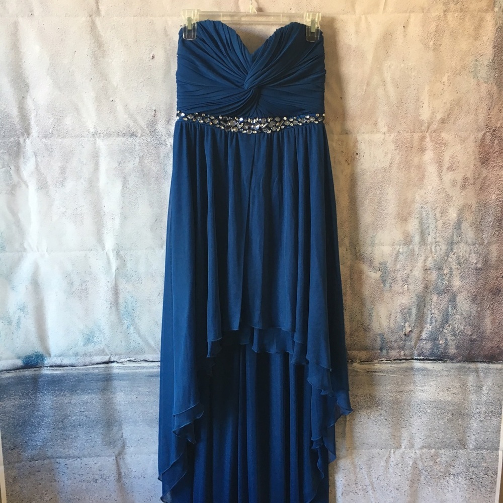 Blue high low homecoming dress with jewel belt