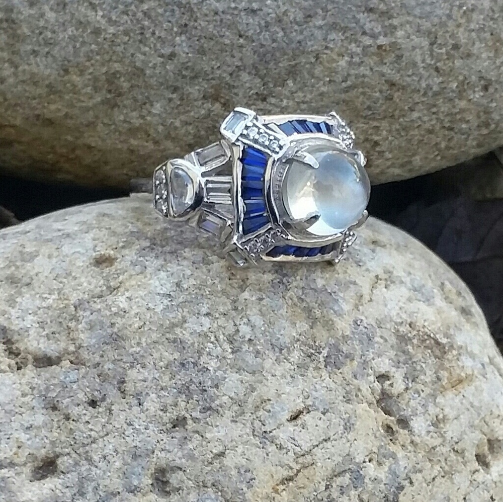 Deco Moonstone Sapphire Diamond Ring