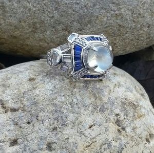 Deco Moonstone Sapphire Diamond Ring