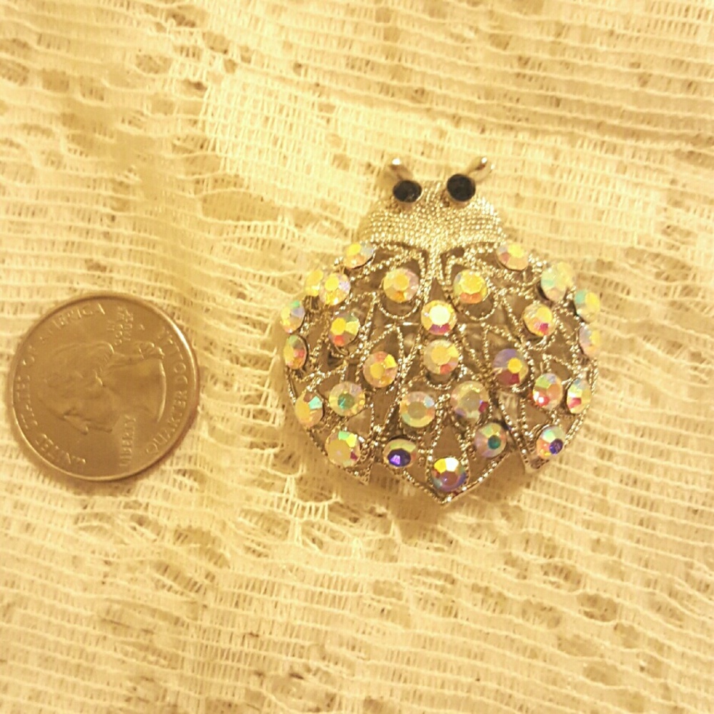 Silver tone Crystal Ladybug Brooch
